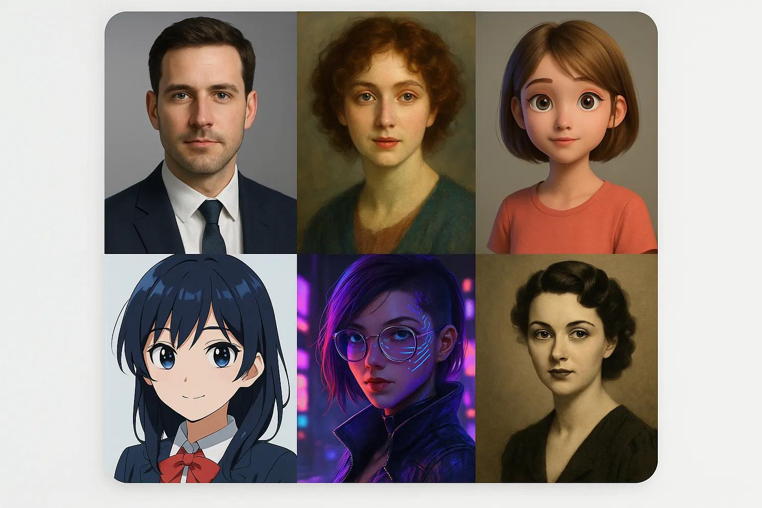 AI Face Generator showing different artistic styles