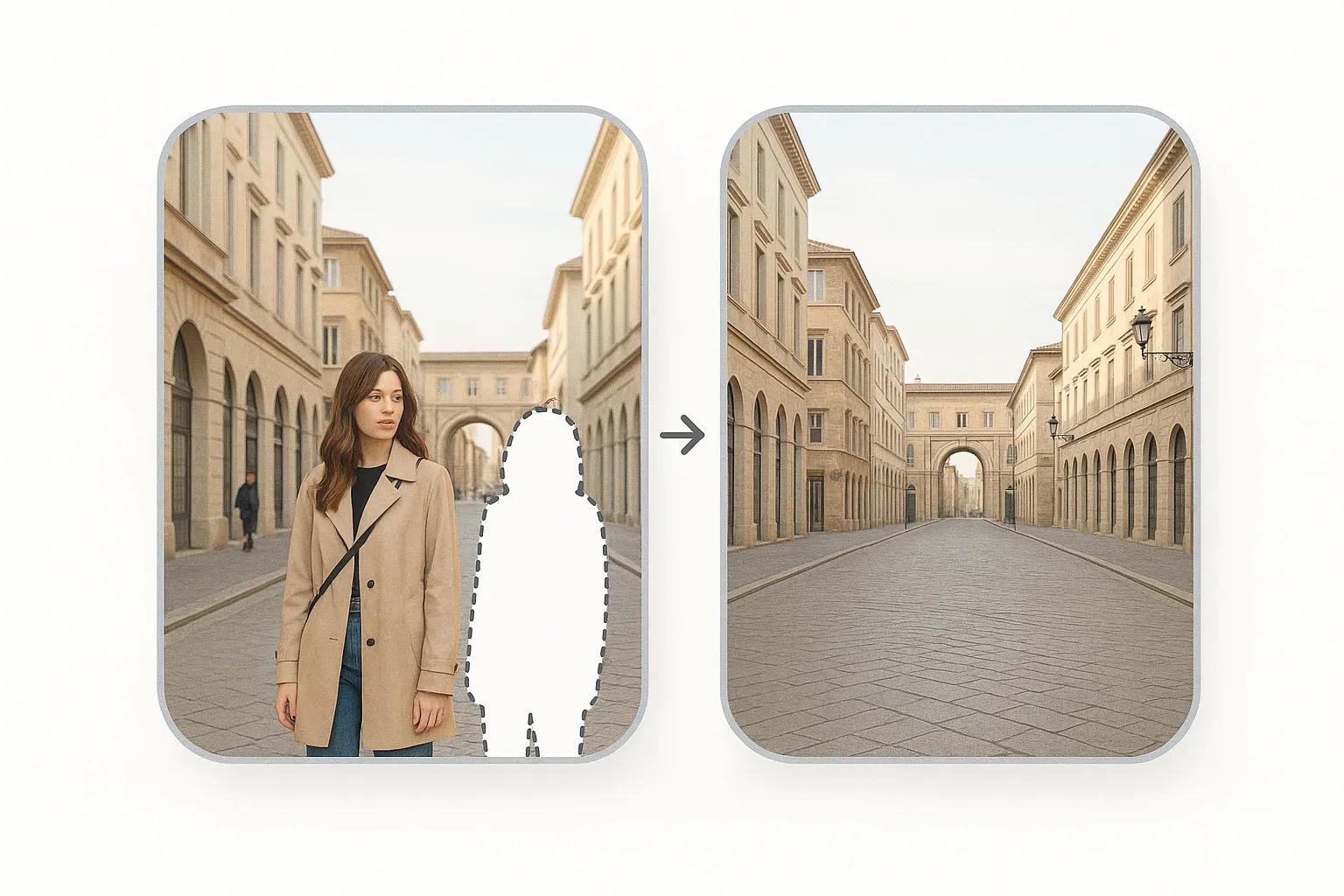 Before and after comparison showing seamless background reconstruction by AI People Remover