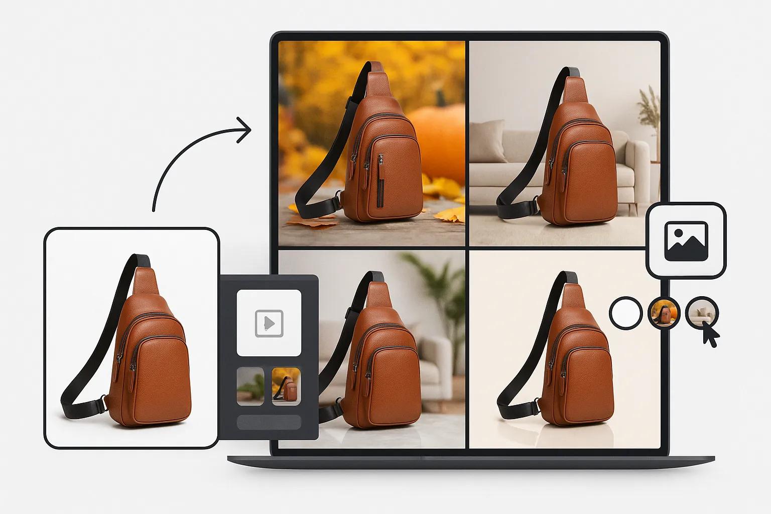 AI Product Photo Generator showcasing various background styles and enhancement options