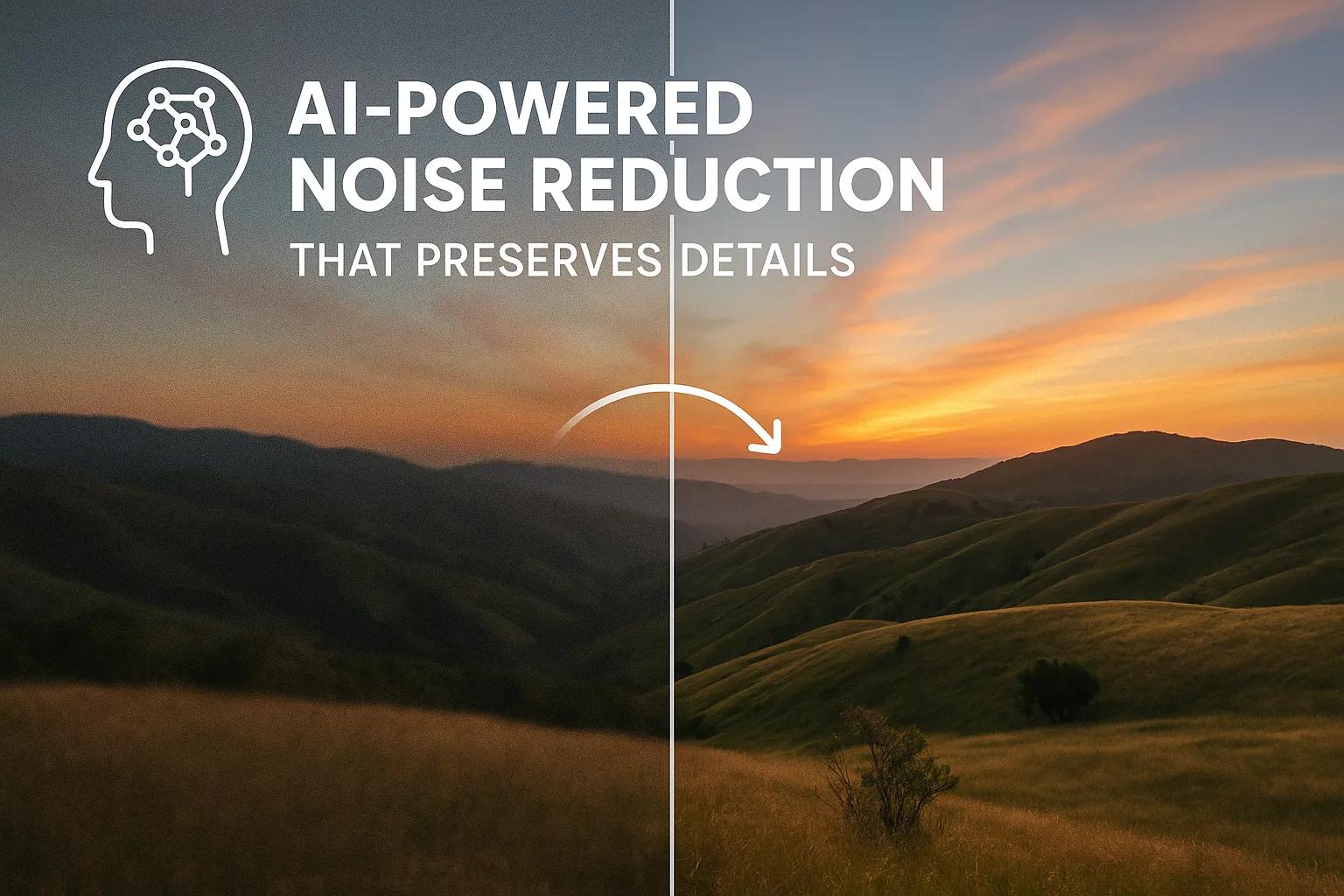 Denoise AI before and after comparison showing noise reduction while preserving image details