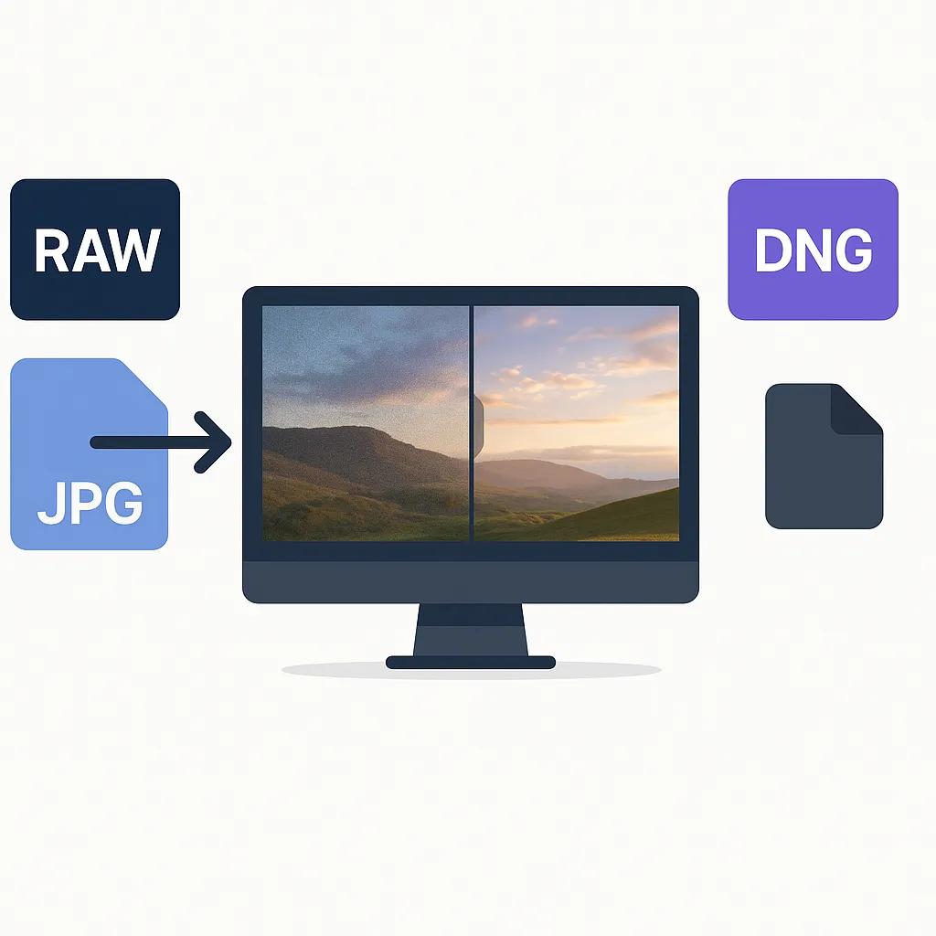 Denoise AI workflow showing RAW and JPEG file support with professional editing integration